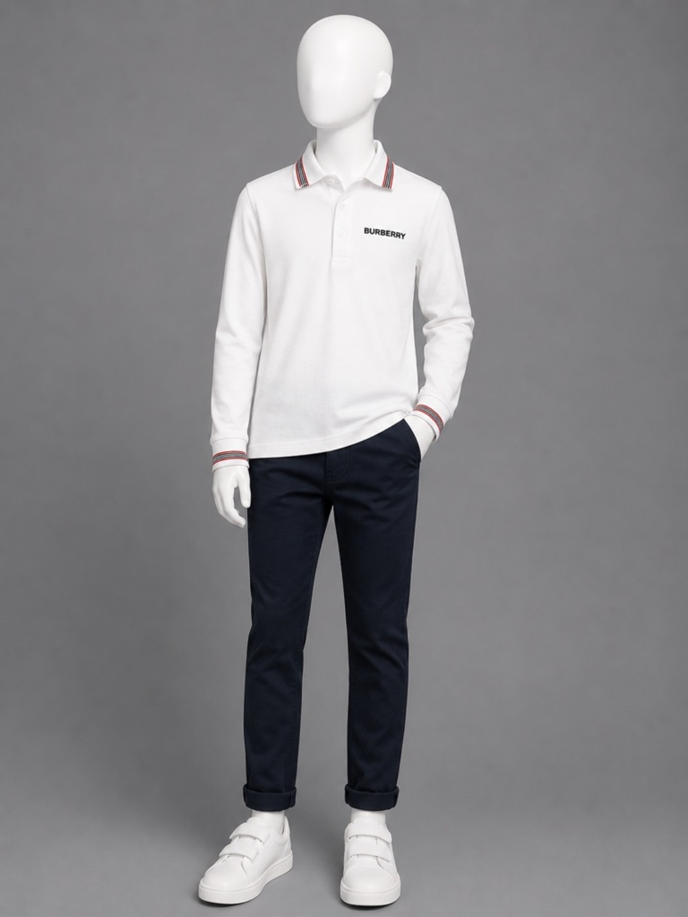 Burberry White Long Sleeve Polo with Striped Collar & Cuffs